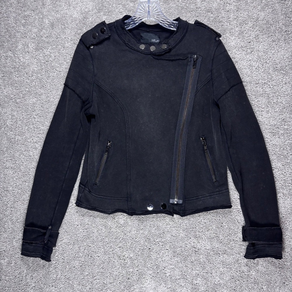 Fate by LFD Womens Black Cotton Asymmetrical Zip Moto Jacket S Raw Hem Epaulet